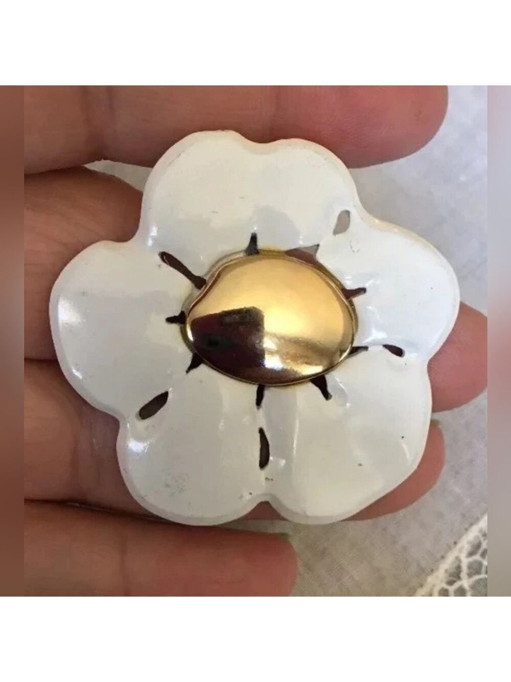 Vintage White Enamel Goldtone Flower Pendant Only 2"